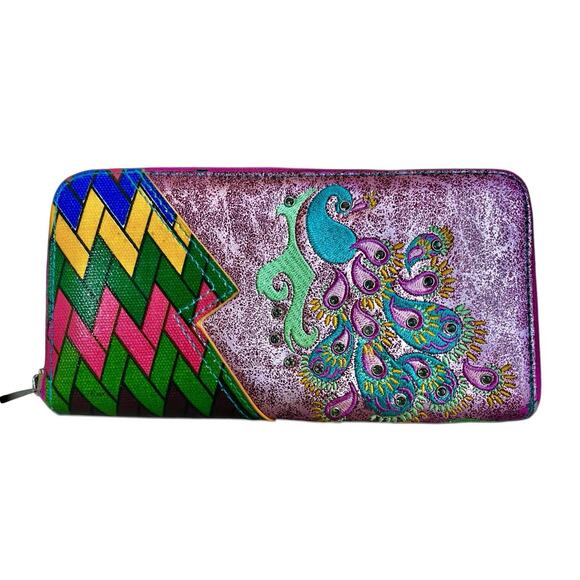 Catchfly Metallic Pink Embroidered Peacock Wallet Multicolor Floral Blue Yellow - Picture 1 of 13